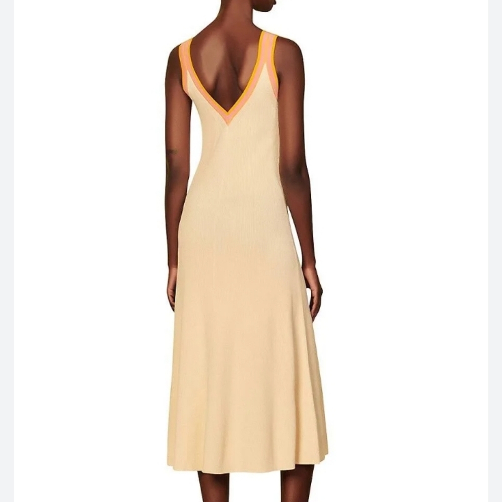 Sandro Piana V Neck Ribbed Midi Dress Ecru Orange Boarder Stripe 42 - Picture 4 of 16